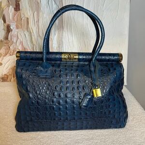 Italian Blue Croc Embossed Vintage Leather Satchel Bag Crossbody